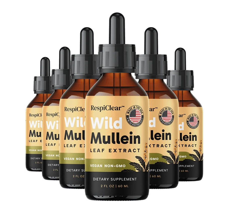 RespiClear Wild Mullein Leaf Extract, six 60 ml dropper bottles made in the USA